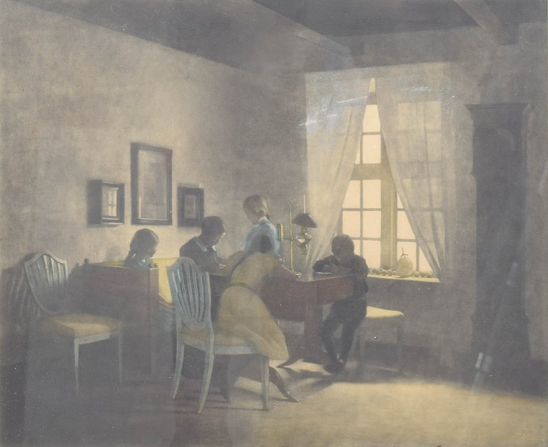 Peter Ilsted, color mezzotint, “Rainy Day”, listed Danish artist.