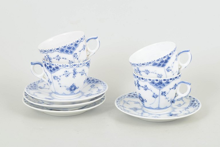 Royal Copenhagen Blue Fluted Half Lace, set of four coffee cups with saucers.