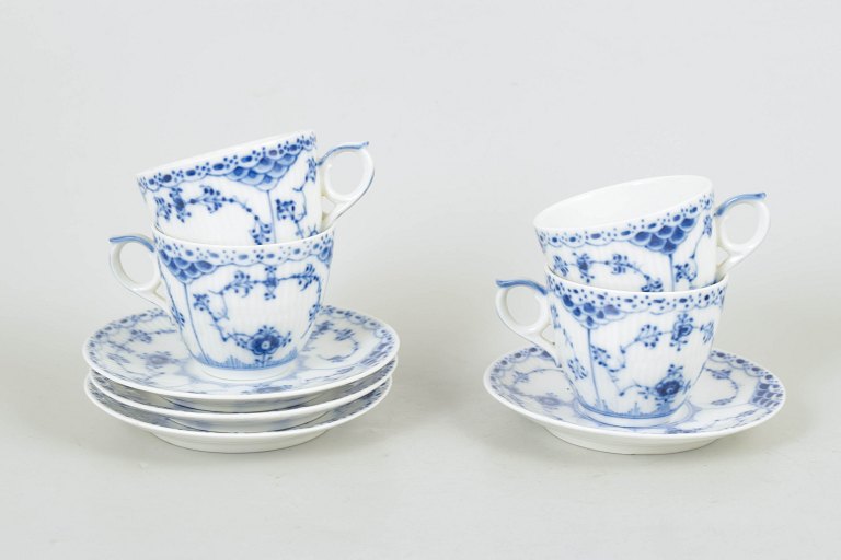 Royal Copenhagen Blue Fluted Half Lace, set of four coffee cups with saucers.