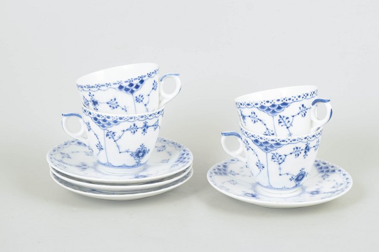 Royal Copenhagen Blue Fluted Half Lace, set of four coffee cups with matching saucers.