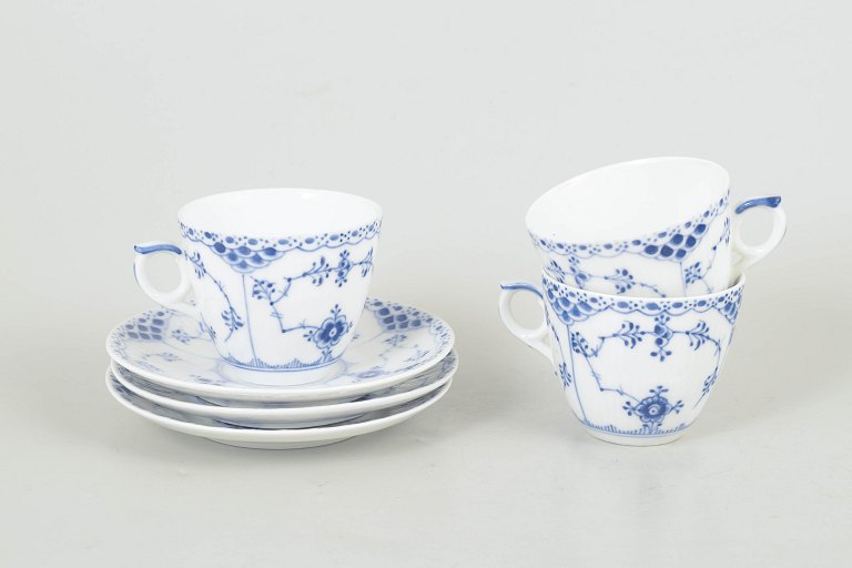 Royal Copenhagen Blue Fluted Half Lace, set of three coffee cups with saucers.