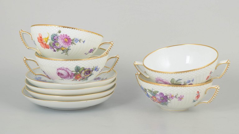 Royal Copenhagen Saxon flower, set of four bouillon cups with saucers.
