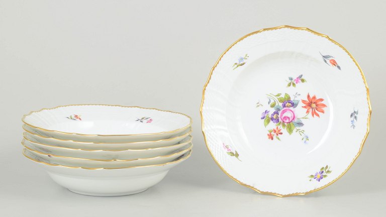 Royal Copenhagen Saxon flower, set of six deep plates.