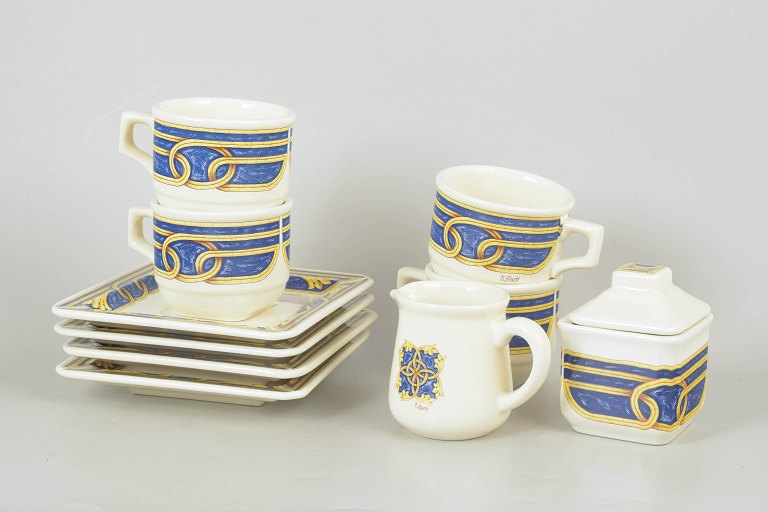 Tiffany Boutique, set of four coffee cups with saucers, sugar bowl and creamer.