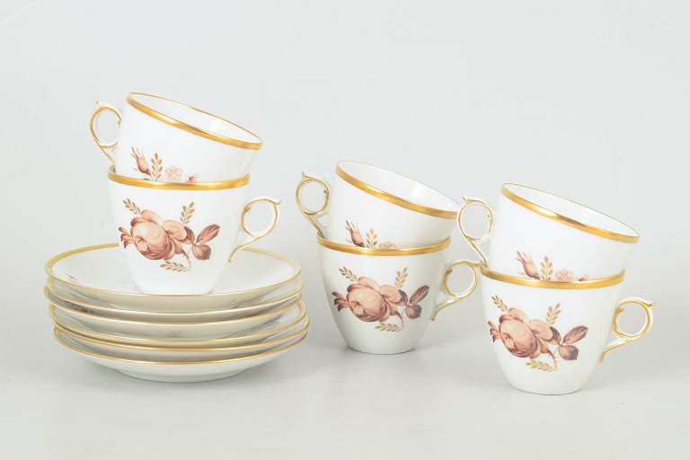 Royal Copenhagen brown rose, set of six coffee cups with matching saucers.`