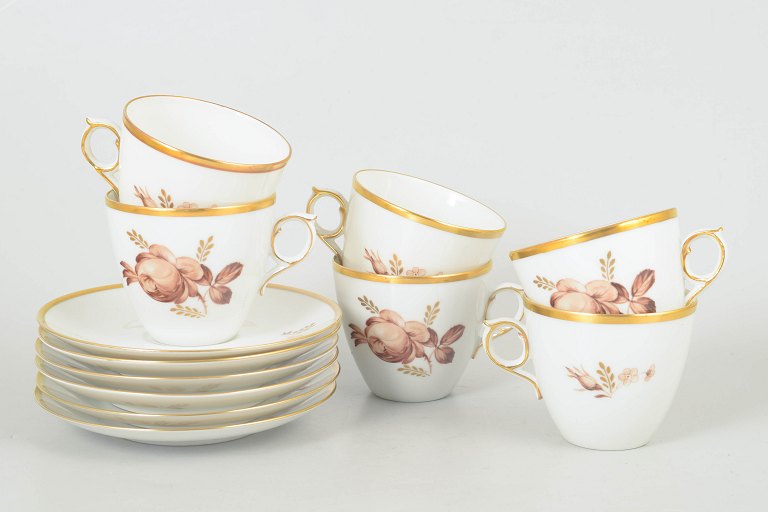 Royal Copenhagen brown rose, set of six coffee cups with matching saucers.