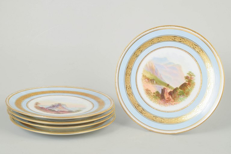 Aynsley, England, set of five hand-painted cabinet plates.