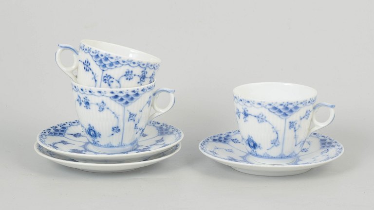 Royal Copenhagen Blue Fluted Half Lace, set of three coffee cups with matching saucers.