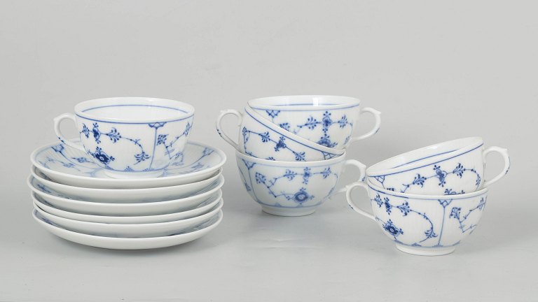 Royal Copenhagen Blue Fluted Plain, set of six coffee cups with matching saucers.