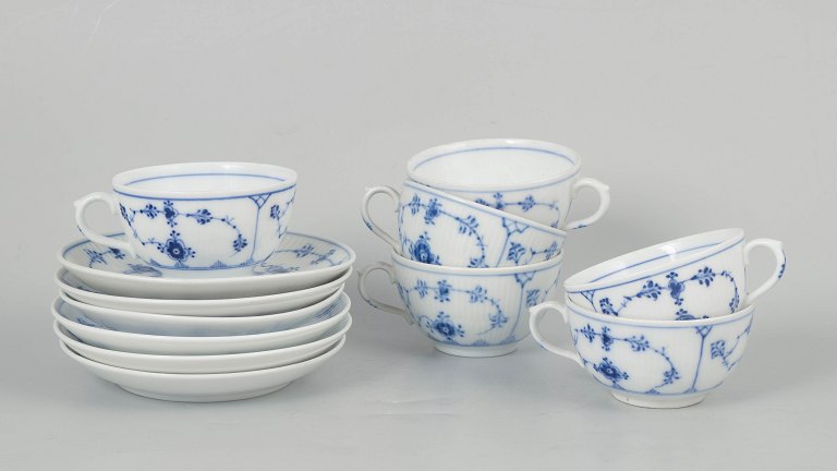 Royal Copenhagen Blue Fluted Plain, set of six coffee cups with matching saucers.