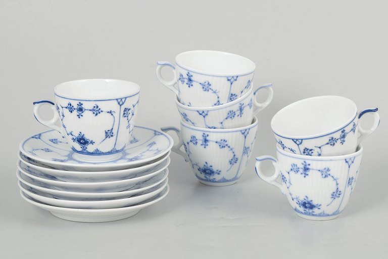 Royal Copenhagen Blue Fluted Plain, set of six coffee cups with matching saucers.
