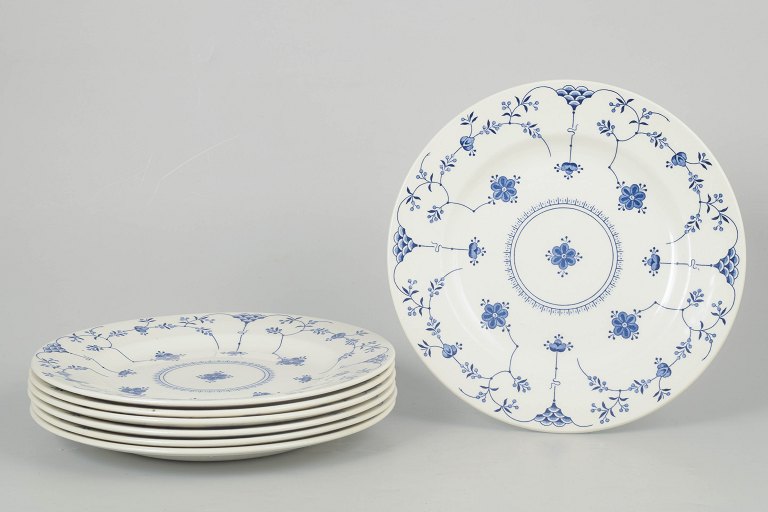 Set of seven dinner plates in blue fluted style by Churchill Staffordshire.