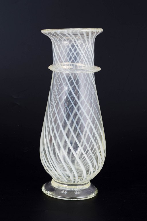 Fyens Glasværk white spiral-decorated hyacinth glass vase.
