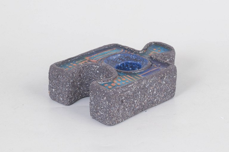 Nittsjö stoneware candlestick, geometric form with blue and turquoise glaze, 1970s.
