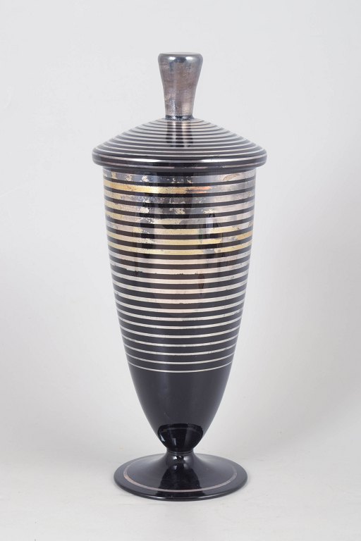 German art deco glass lidded urn with silver inlay.