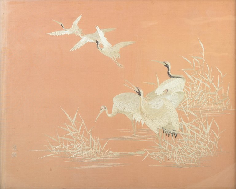 Meiji period Japanese silk embroidery, signed.
