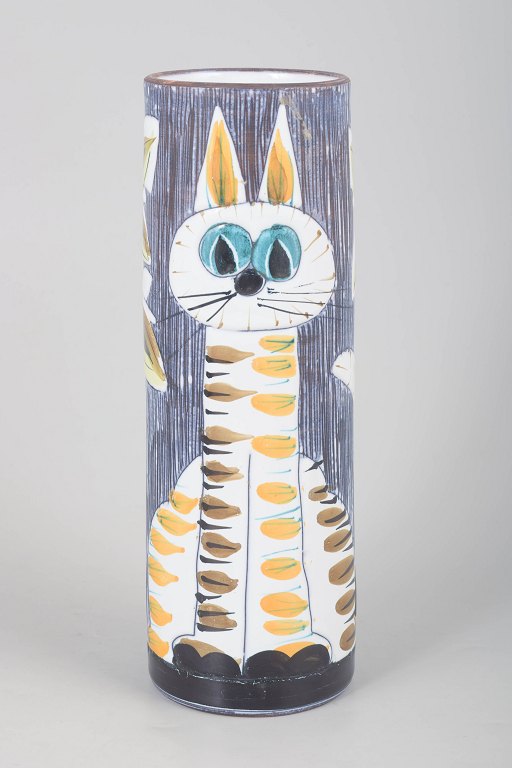 Ulla Ahlgren for Nila, hand-painted retro cat motif vase.