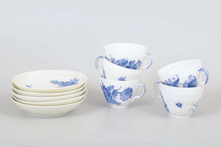 Royal Copenhagen Blue Flower coffee cups and saucers, set of five.