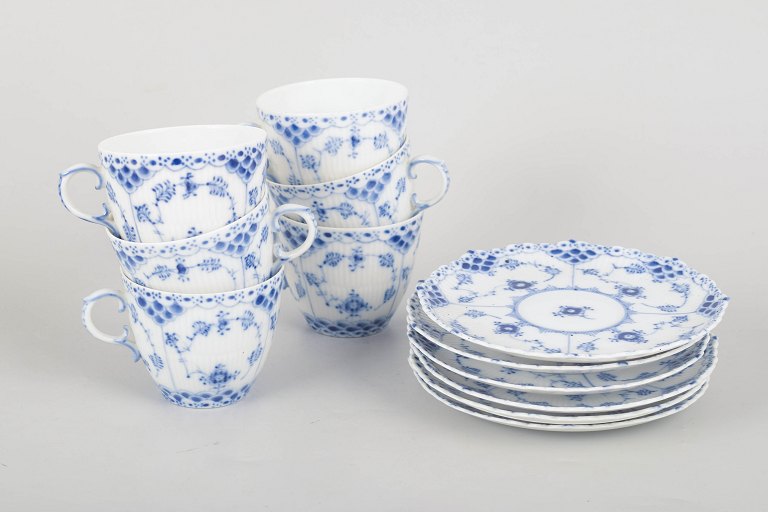 Royal Copenhagen Blue Fluted Full Lace, set of six coffee cups with matching saucers.