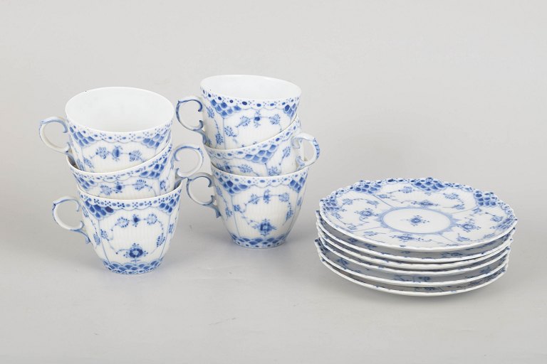 Royal Copenhagen Blue Fluted Full Lace, set of six coffee cups with matching saucers.