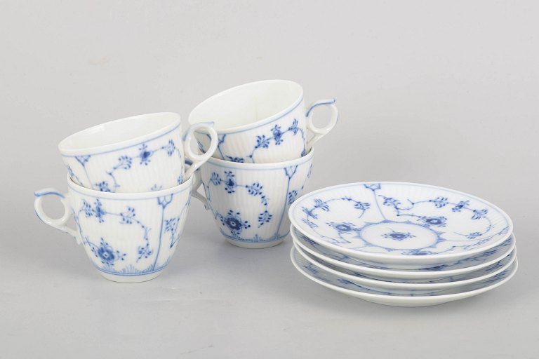 Royal Copenhagen Blue Fluted Plain, set of four coffee cups with matching saucers.