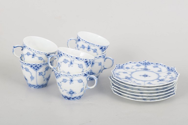 Royal Copenhagen Blue Fluted Full Lace, set of six coffee cups with matching saucers.