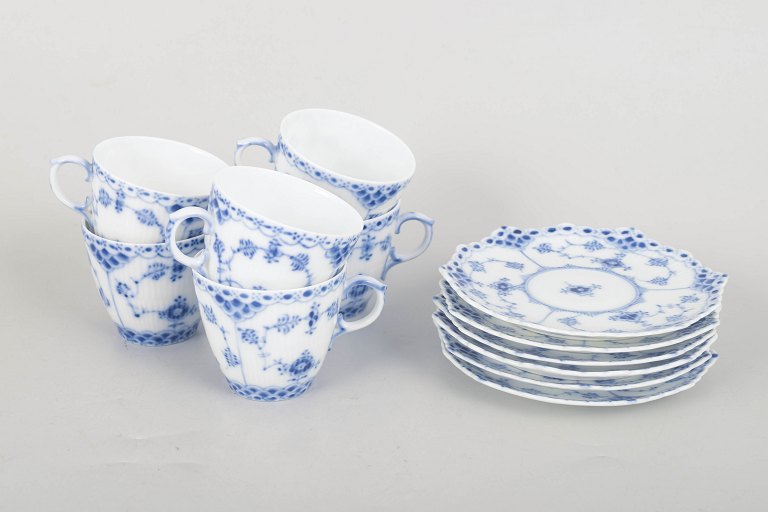 Royal Copenhagen Blue Fluted Full Lace, set of six coffee cups with matching saucers.
