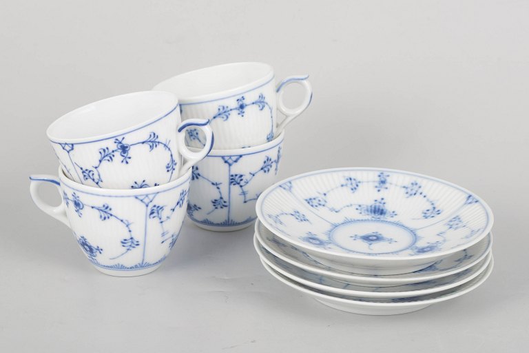 Royal Copenhagen Blue Fluted Plain, set of four coffee cups with saucers.