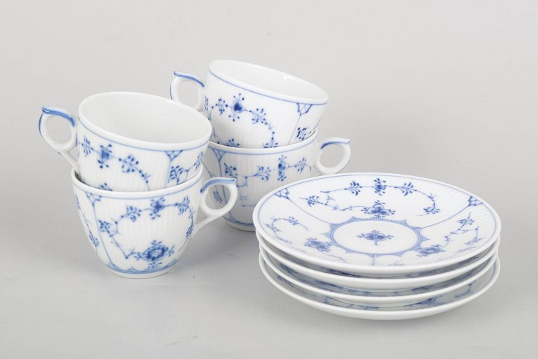 Royal Copenhagen Blue Fluted Plain, set of four coffee cups with saucers.