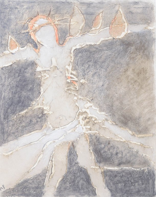 Nis Schmidt, "Morgen", mixed media on paper, listed Danish visual artist.