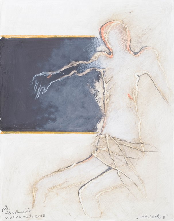 Nis Schmidt, "Ved tavle II", mixed media on paper, listed Danish visual artist.