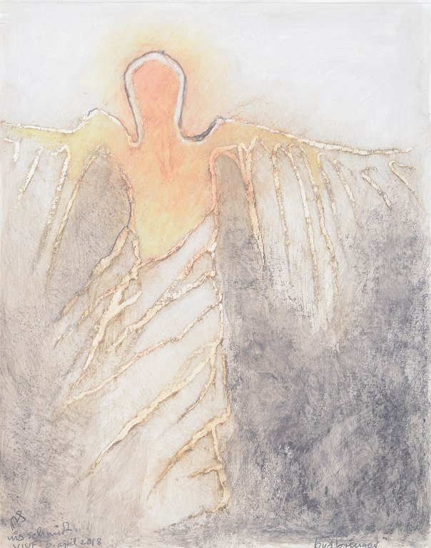 Nis Schmidt, "Budbringer", mixed media on paper, listed Danish visual artist.