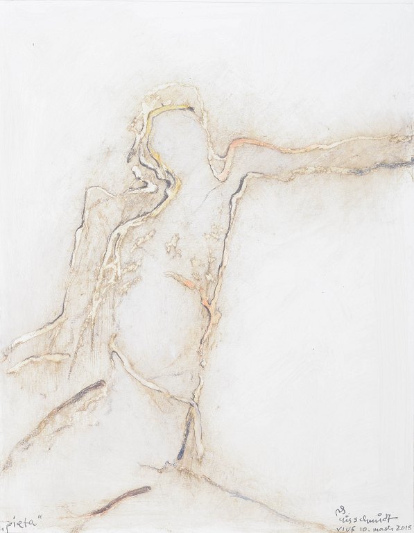 Nis Schmidt, "Pietà", mixed media on paper, listed Danish visual artist.