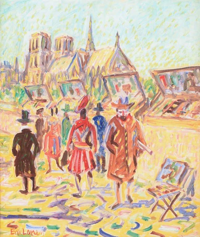 Erik Larsen, Notre-Dame in Paris, oil on canvas, listed Danish artist.
