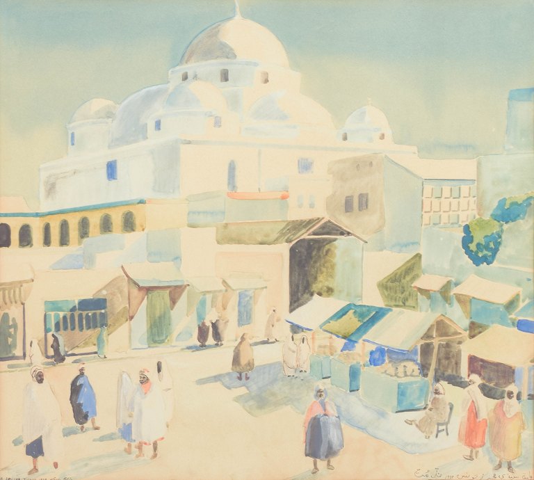 Yahia Turki, “Souika Tunis”, gouache, listed Tunisian visual artist.