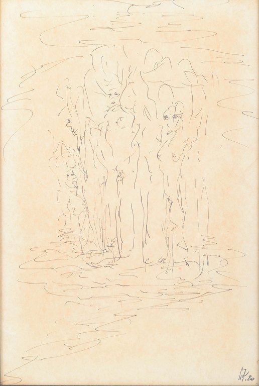 Danish artist, nude study, drawing on paper, 1980.