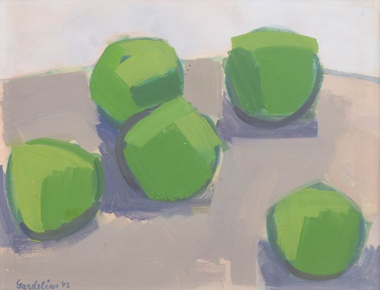Holger Gardelius, still life with green apples, oil on board, listed Swedish artist.