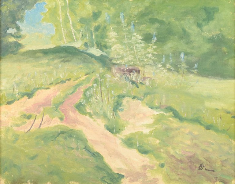 Olle Hjortzberg, landscape, oil on board, listed Swedish artist.