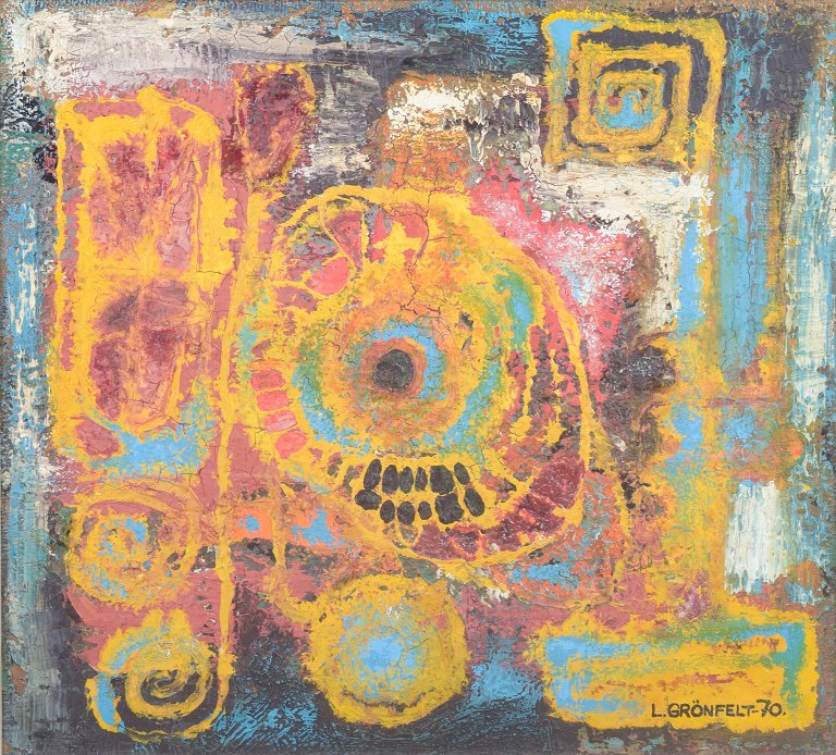 Lars Grönfelt, abstract composition, oil on canvas, 1970, listed Swedish-Finnish artist.
