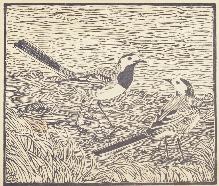 Johannes Larsen, “Wagtails”, woodcut on paper, listed Danish artist.