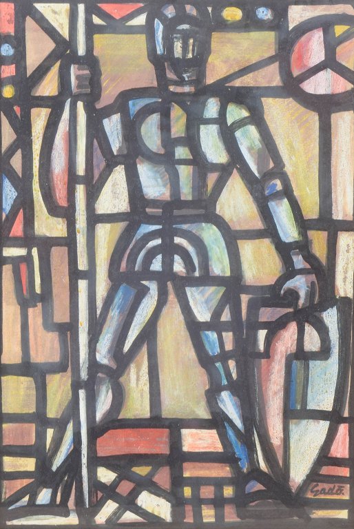Bertil Gadö, abstract-surrealist composition, oil on board, listed Swedish artist.