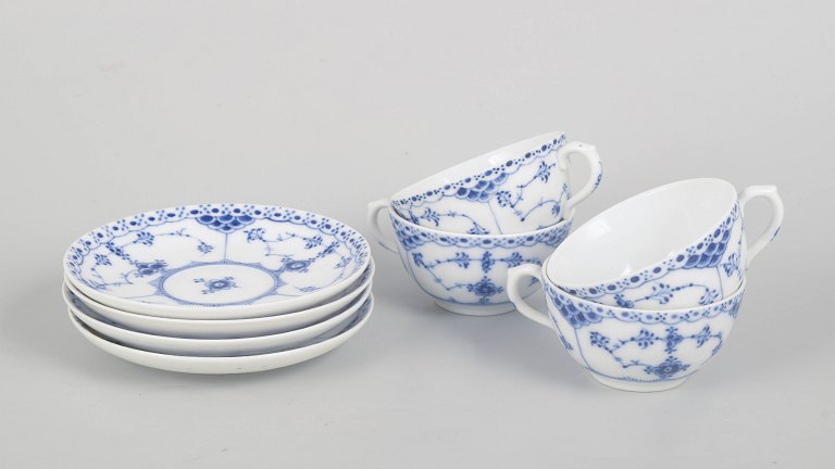 Royal Copenhagen Blue Fluted Half Lace, set of four chocolate cups and saucers.