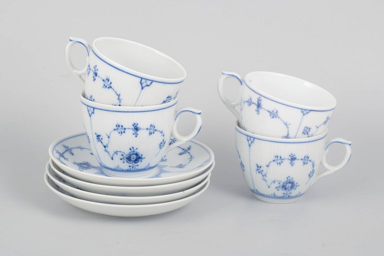 Royal Copenhagen Blue Fluted Plain, set of four large coffee cups and saucers.