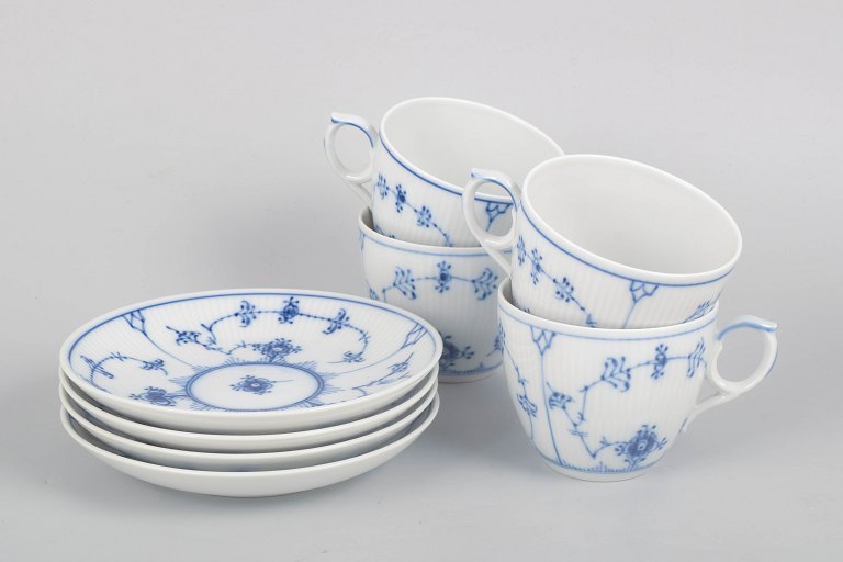 Royal Copenhagen Blue Fluted Plain, set of four large coffee cups and saucers.