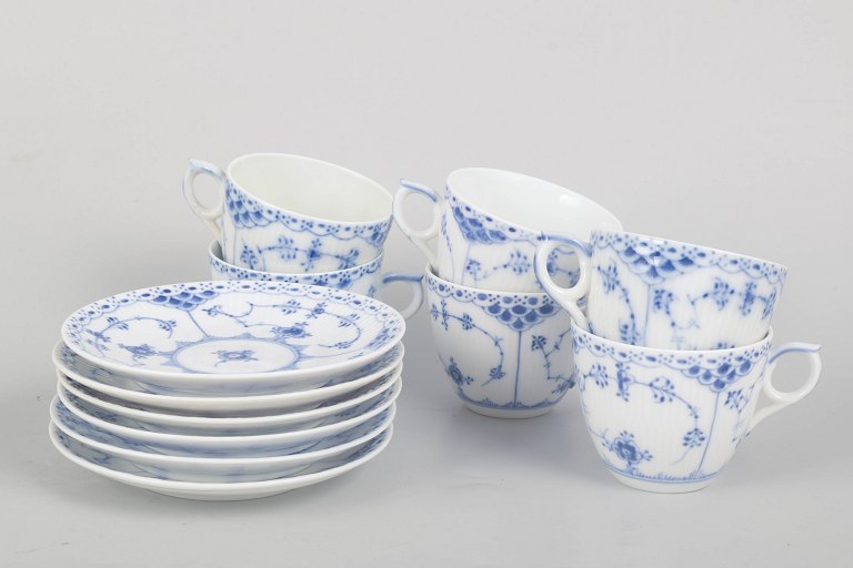 Royal Copenhagen, Blue Fluted Half Lace, set of six cups and saucers.