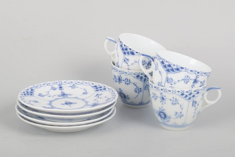 Royal Copenhagen, Blue Fluted Half Lace, set of four cups and saucers.