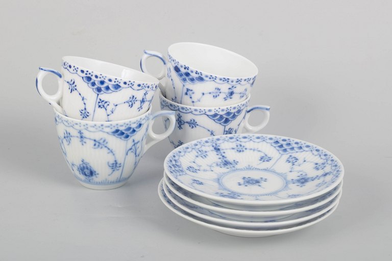 Royal Copenhagen, Blue Fluted Half Lace, set of four cups and saucers.
