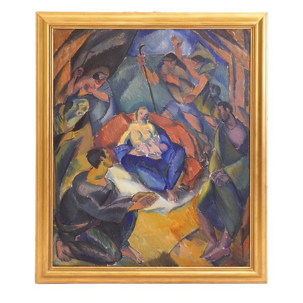 Jais Nielsen painting. Jais Nielsen, 1885-1961, oil on canvas. "Julenat" (Christmas night). Signed and dated 1915. Image size: 83x67cm. With frame: 95x79cm