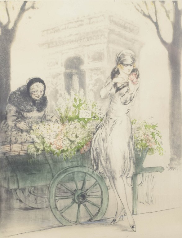 Louis Icart, etching, listed French artist."Marchande de Fleurs" or "Fleurs de Paris" "Flower Seller"