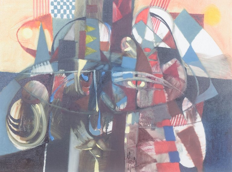 Kåre Lem, abstract composition, oil on canvas, listed Danish artist.